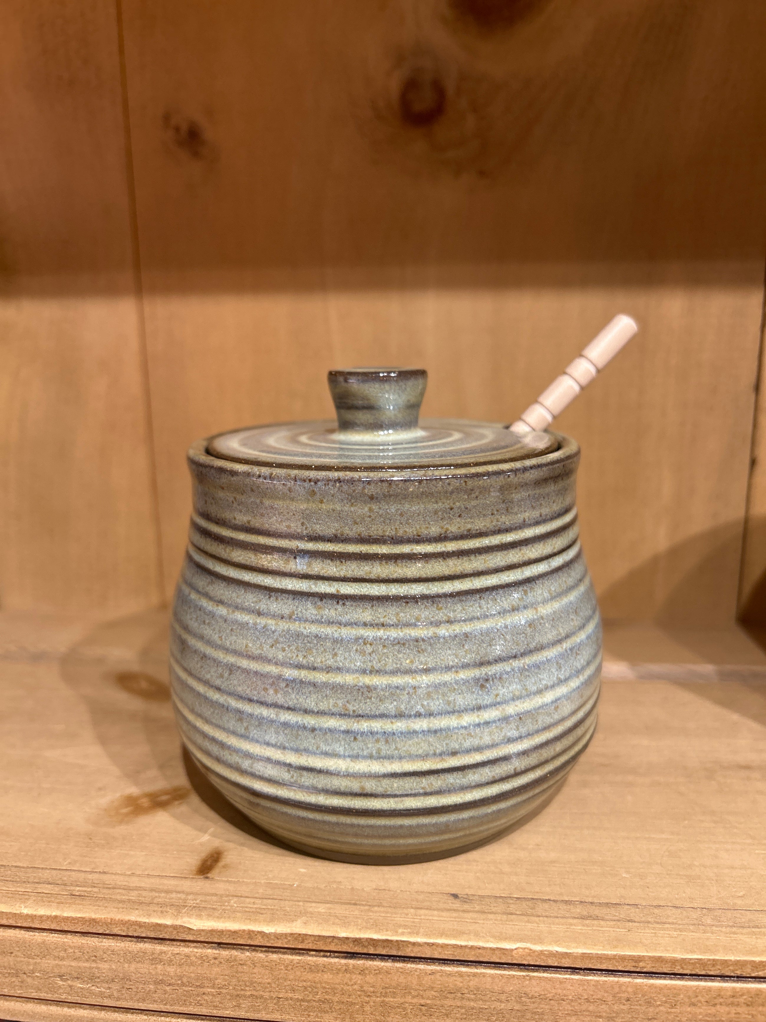 Honey Pot, Handmade Pottery, Green Striped