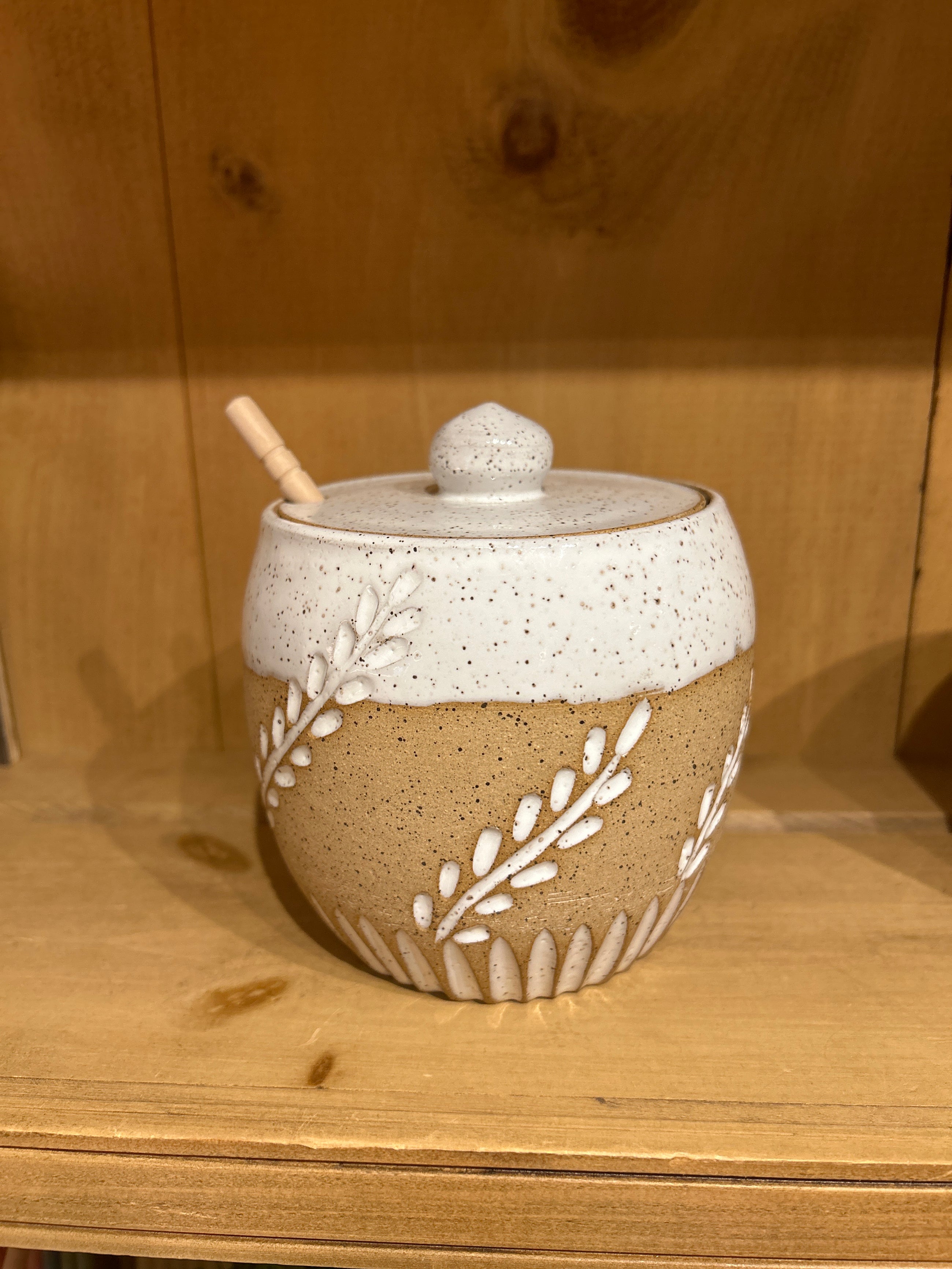 Honey Pot, Handmade Pottery, White Vine