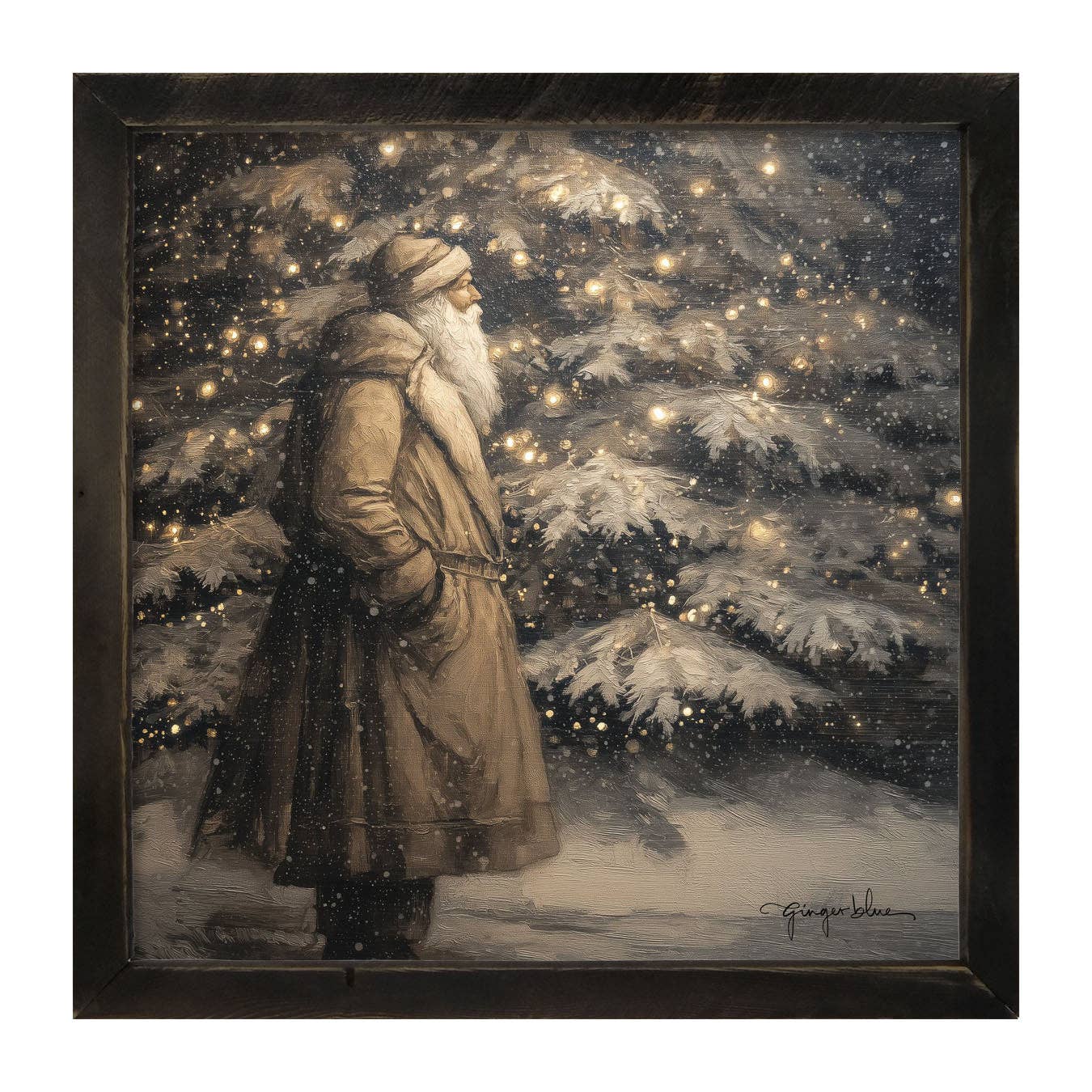 Santa near Lit Christmas Tree