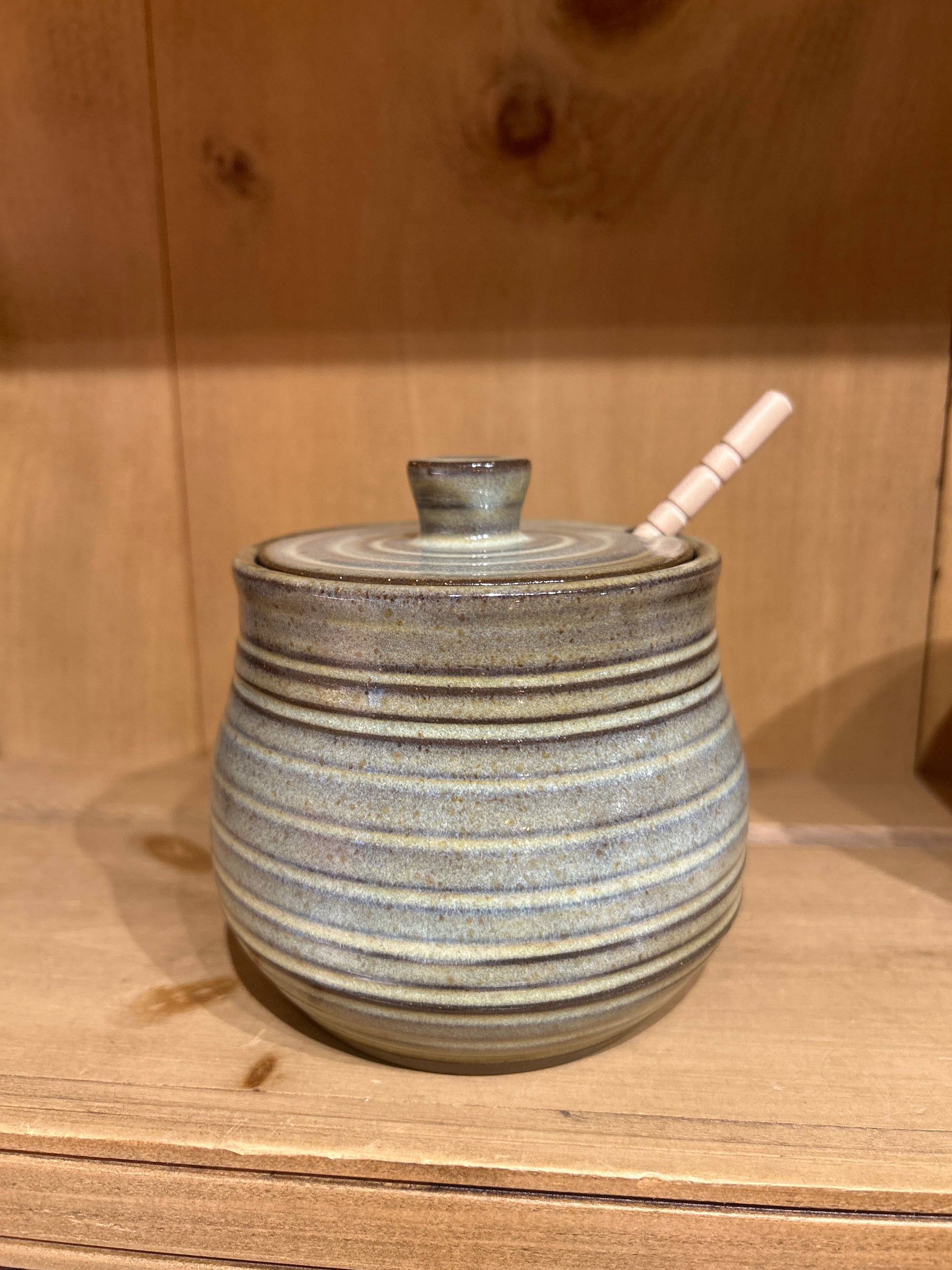 Honey Pot, Handmade Pottery, Green Striped
