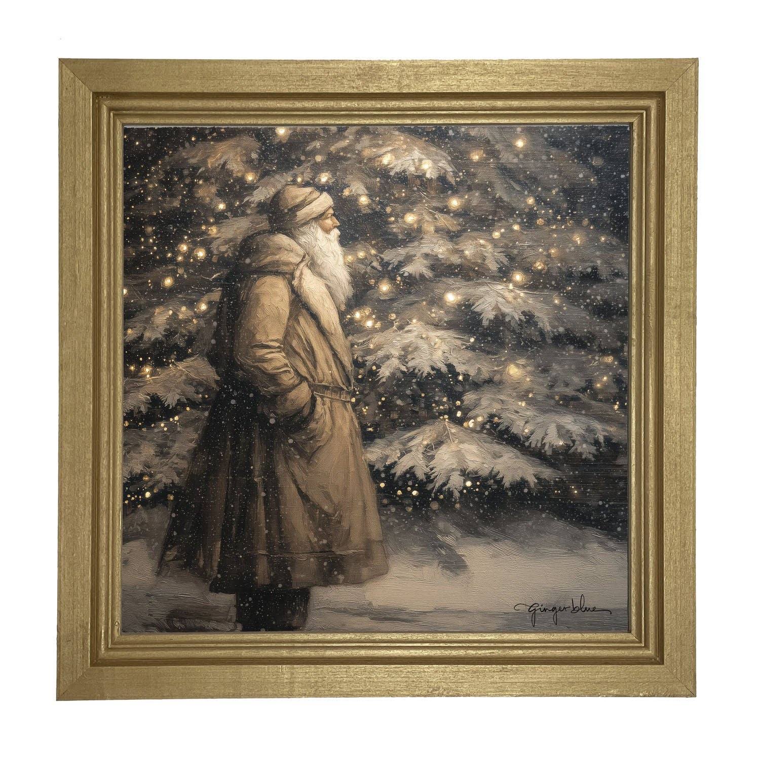 Santa near Lit Christmas Tree