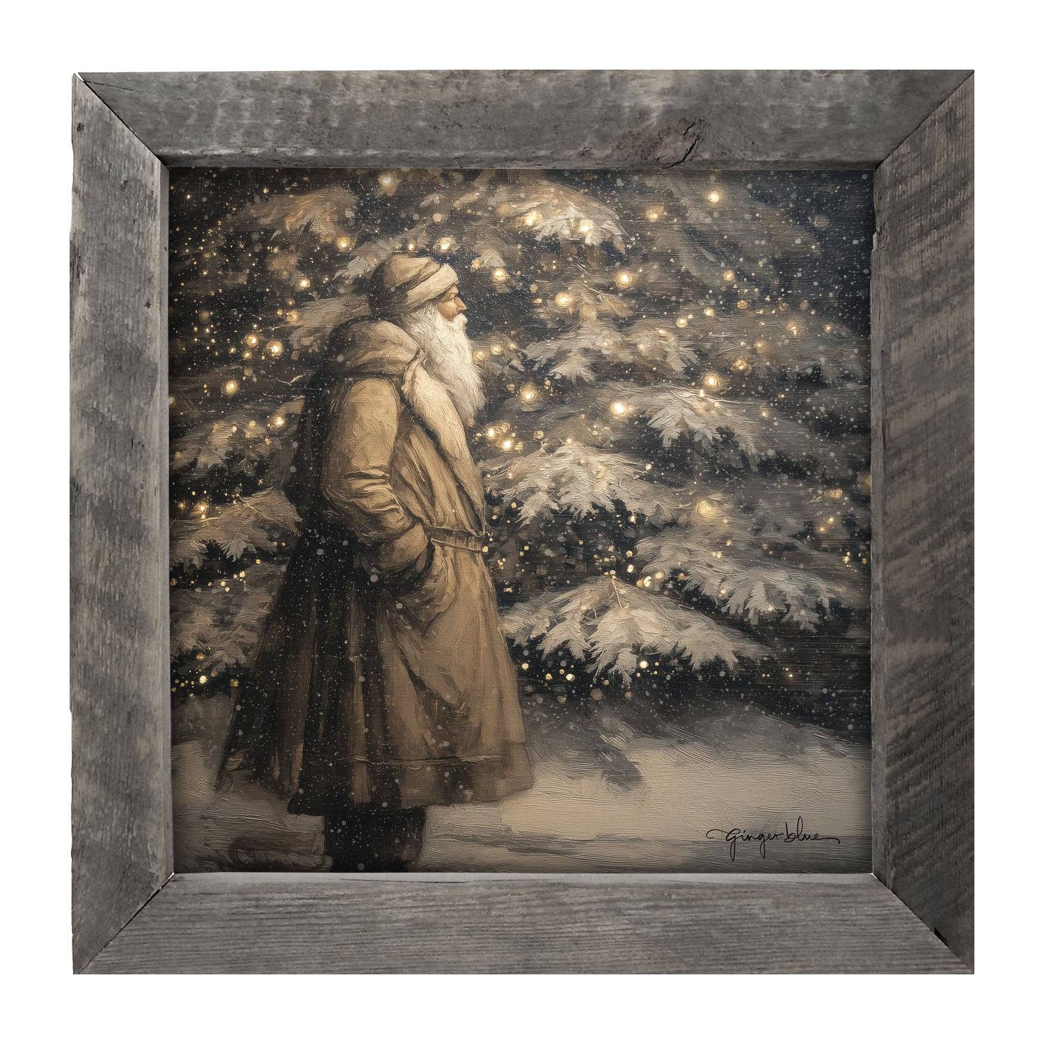 Santa near Lit Christmas Tree