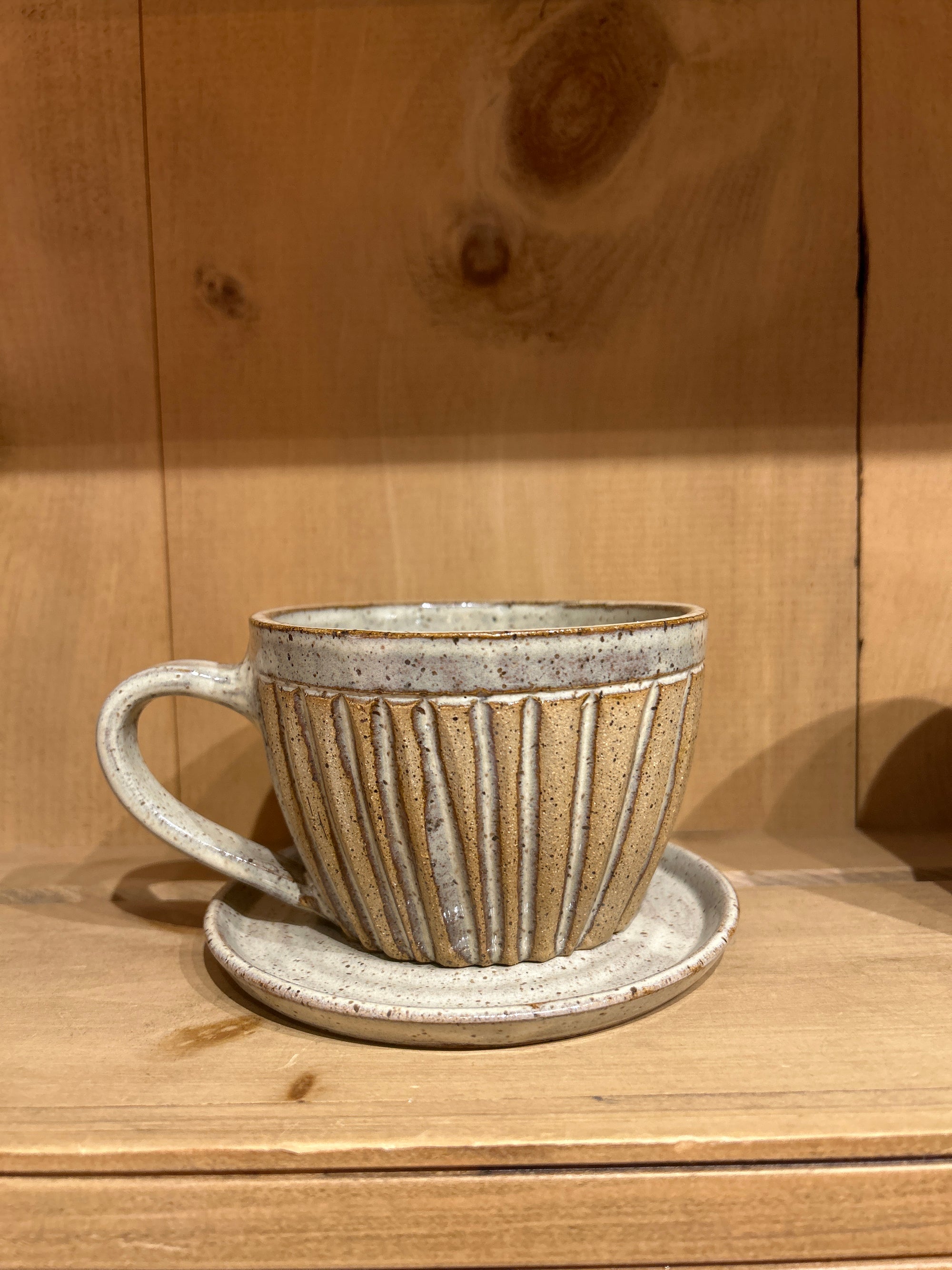 Mug with Saucer, Handmade Pottery, Cream & Stripe