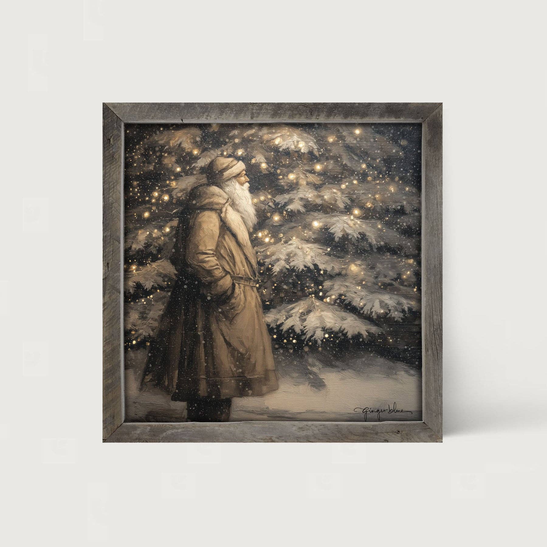 Santa near Lit Christmas Tree