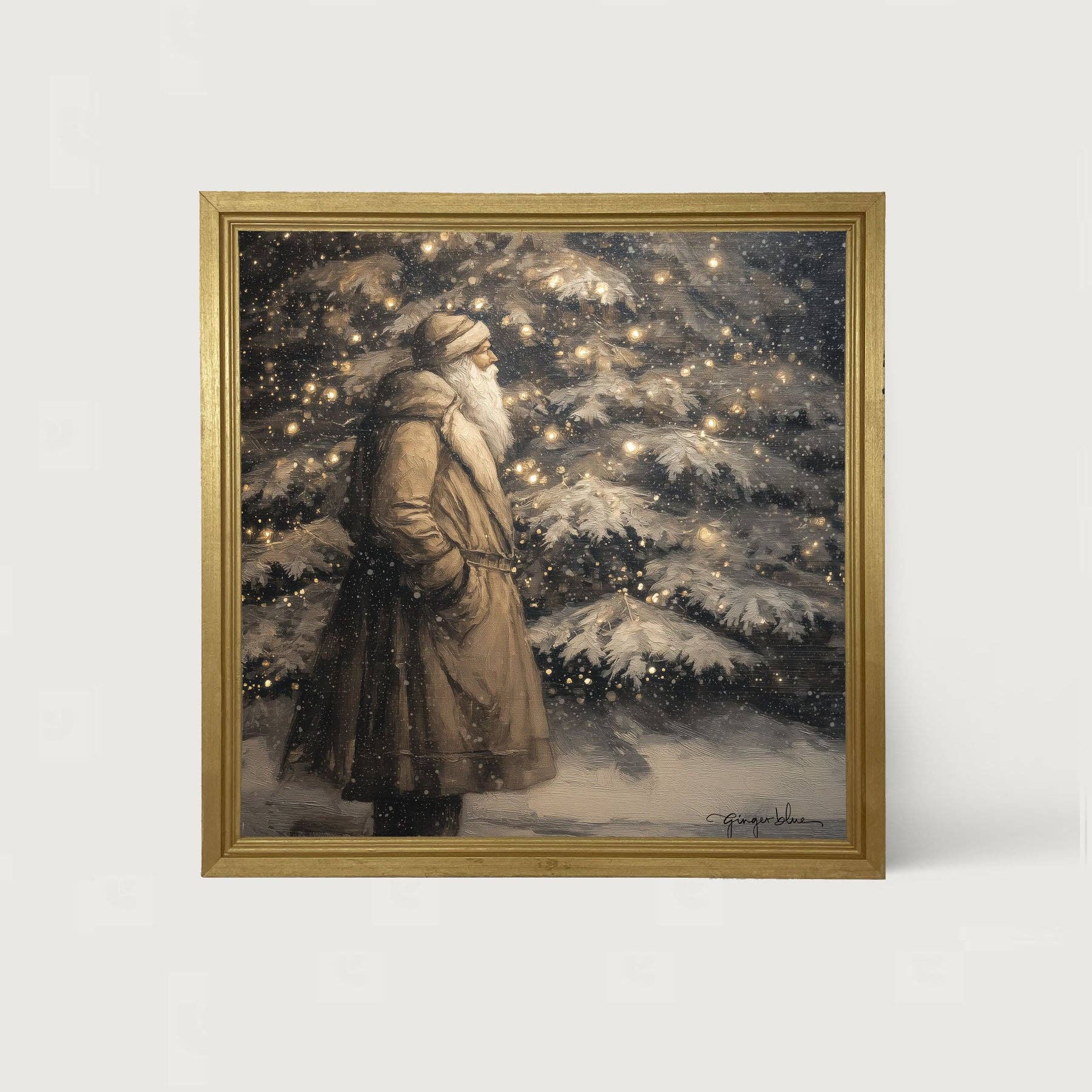 Santa near Lit Christmas Tree